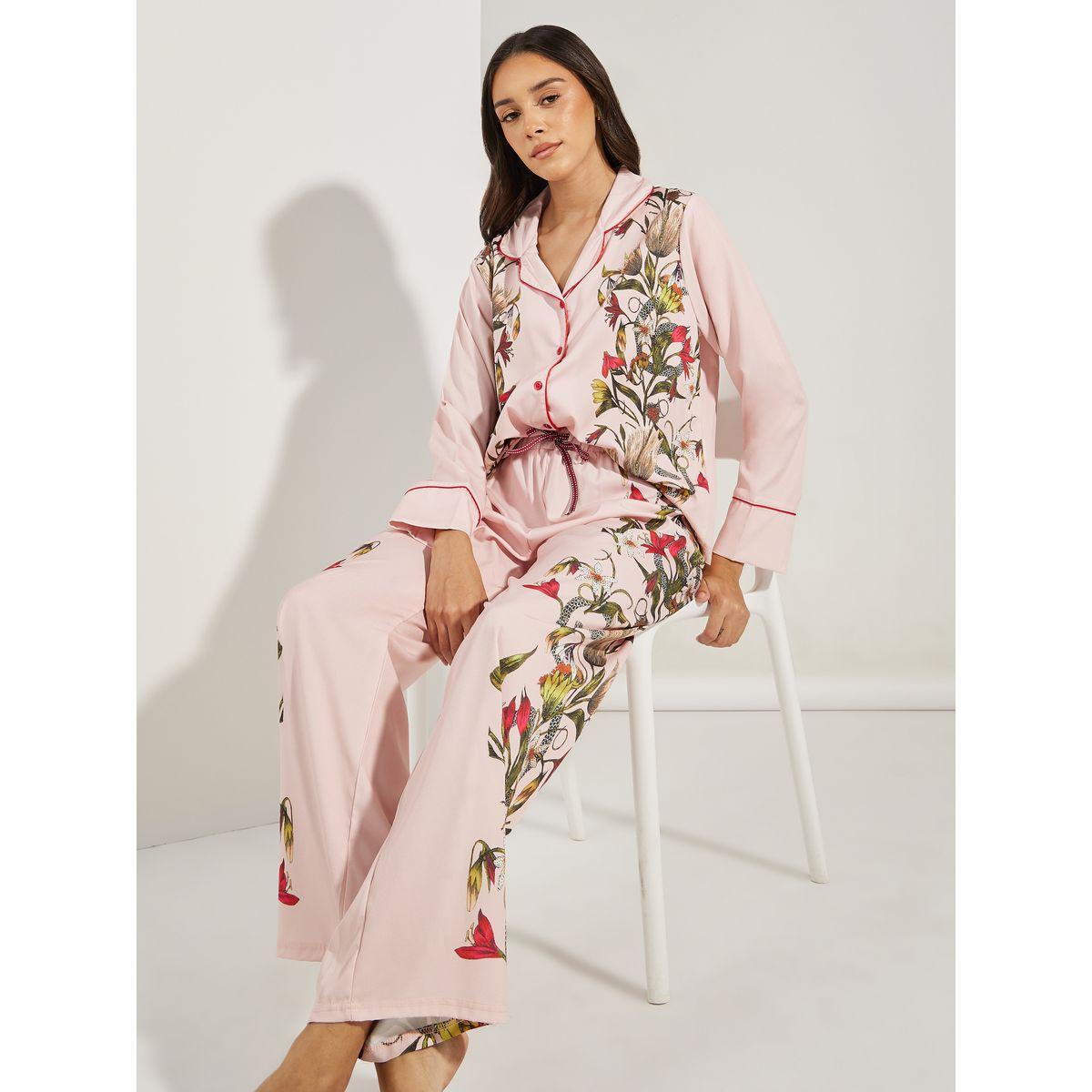 Styli Unwind Satin Floral Print Piped Trim Detail Shirt & Pyjama Set-women-clothing-nightwear-pyjamas-longsets-image-1