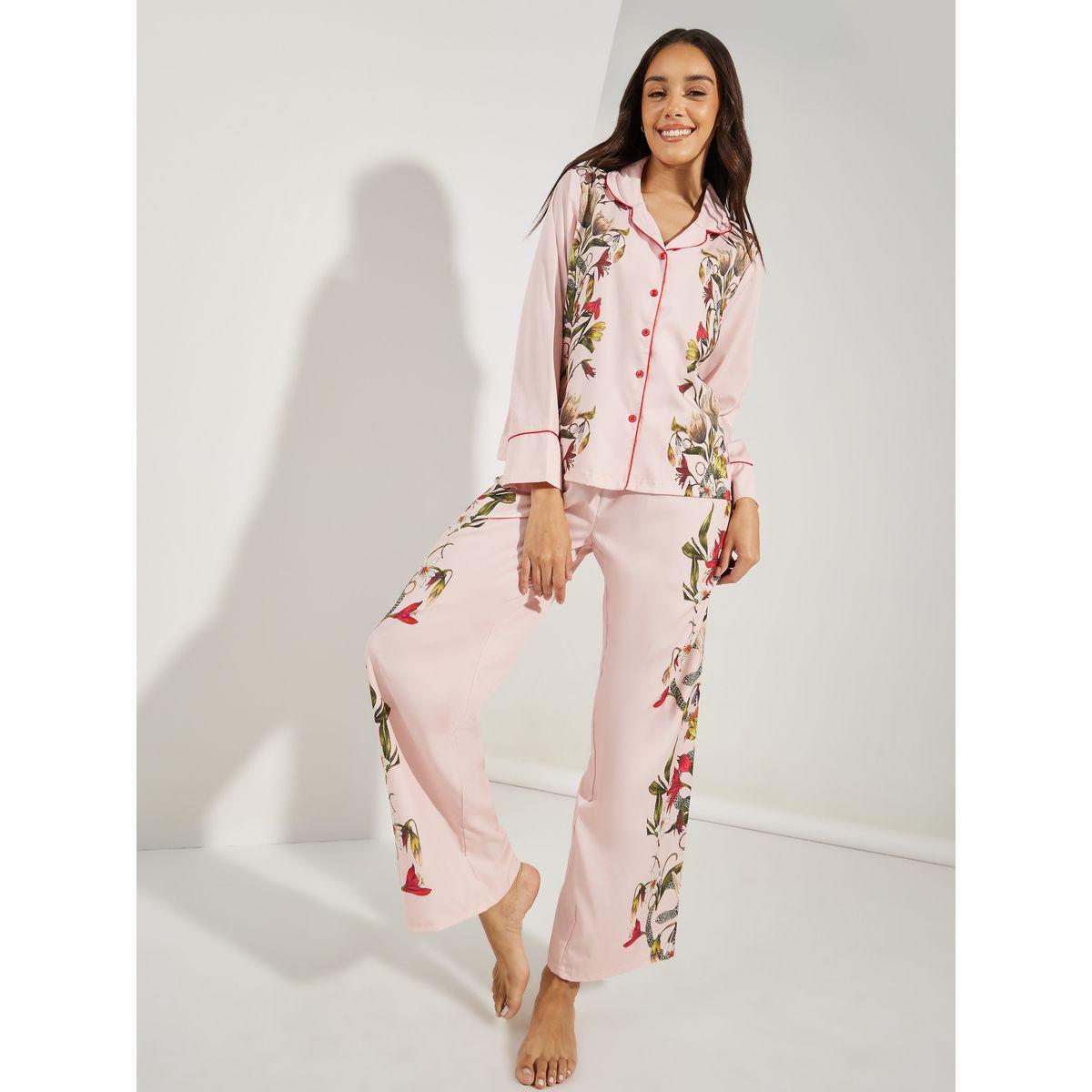 Styli Unwind Satin Floral Print Piped Trim Detail Shirt & Pyjama Set-women-clothing-nightwear-pyjamas-longsets-image-2