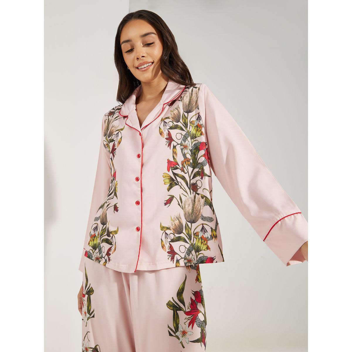 Styli Unwind Satin Floral Print Piped Trim Detail Shirt & Pyjama Set-women-clothing-nightwear-pyjamas-longsets-image-3