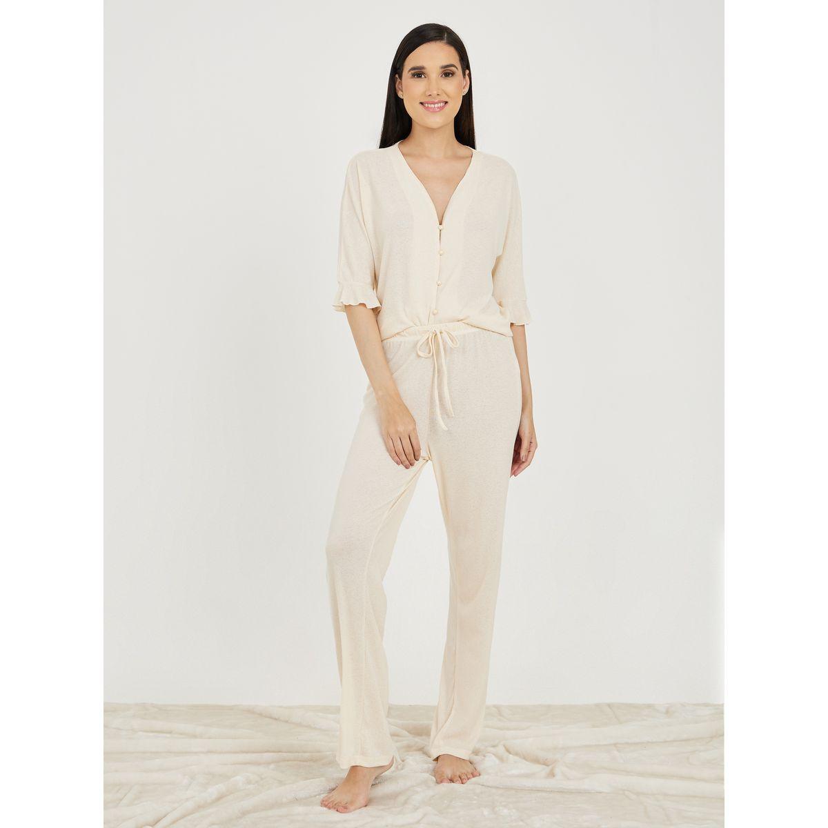 Styli Unwind Ribbed Ruffle Hem Sleeves Shirt and Pyjama Set-women-clothing-nightwear-pyjamas-longsets-image-1