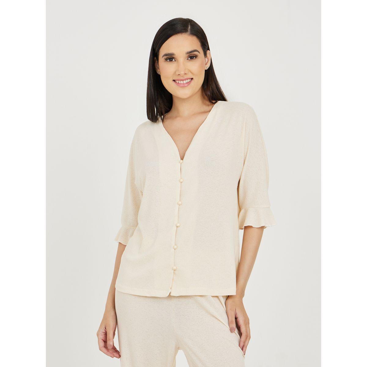Styli Unwind Ribbed Ruffle Hem Sleeves Shirt and Pyjama Set-women-clothing-nightwear-pyjamas-longsets-image-3