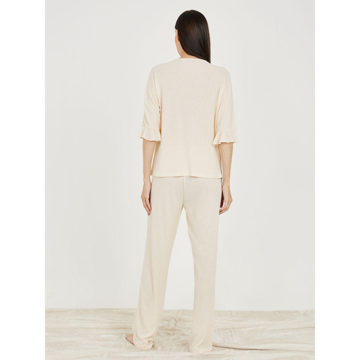 Styli Unwind Ribbed Ruffle Hem Sleeves Shirt and Pyjama Set-women-clothing-nightwear-pyjamas-longsets-image-5