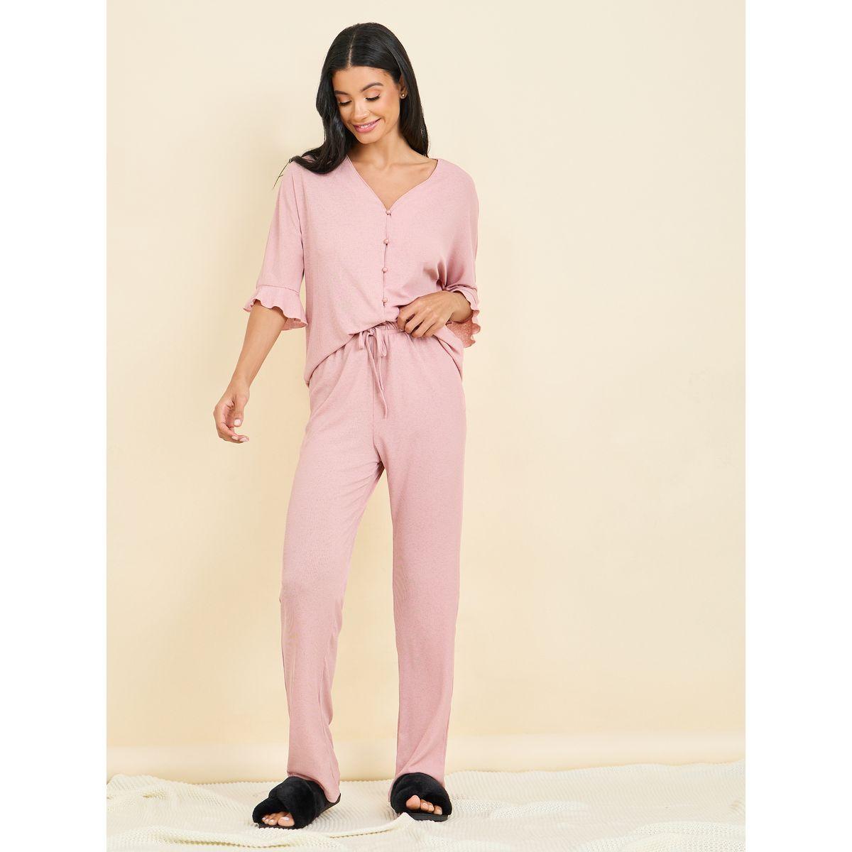 Styli Unwind Ribbed Ruffle Sleeve Shirt & Pyjama Set-women-clothing-nightwear-pyjamas-longsets-image-1