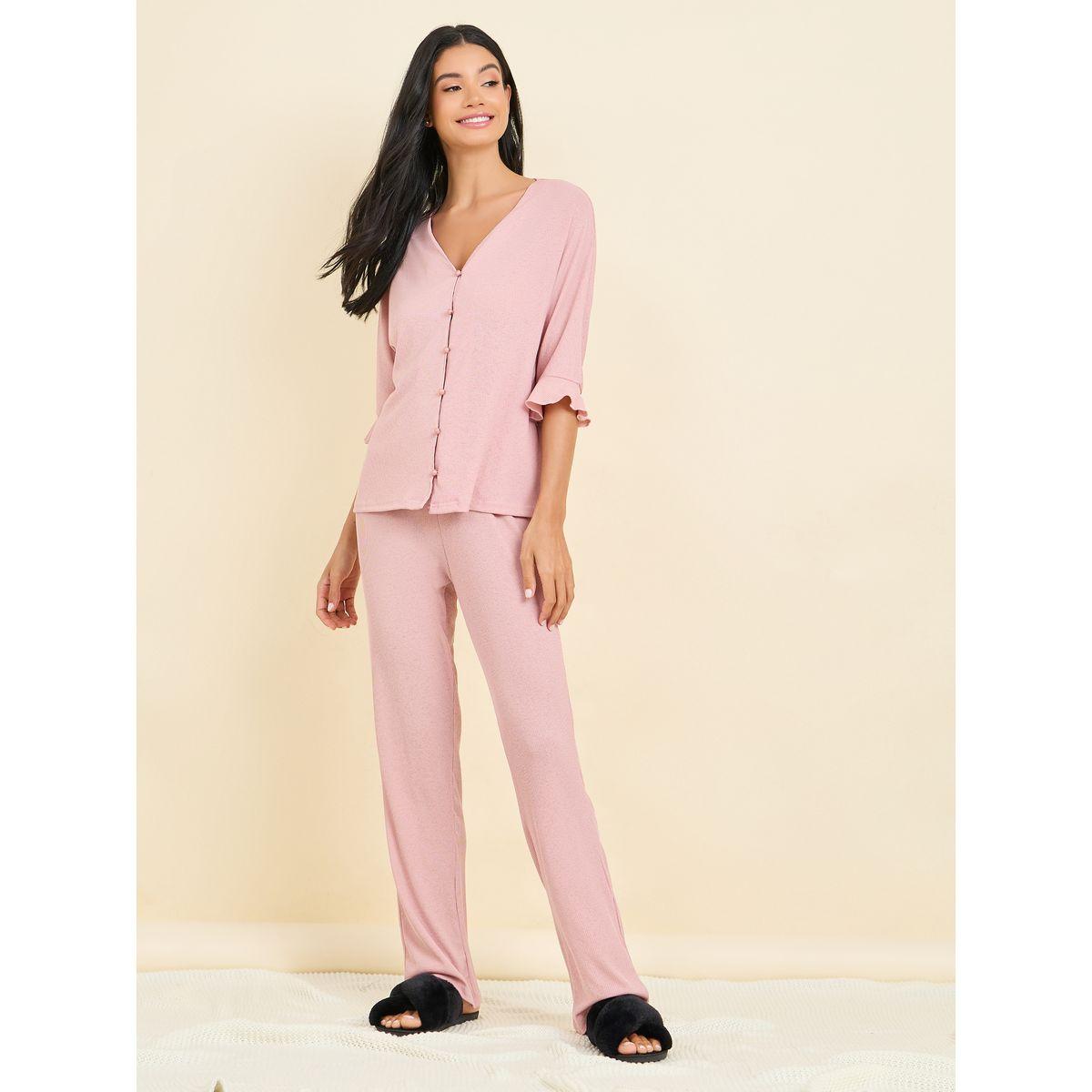Styli Unwind Ribbed Ruffle Sleeve Shirt & Pyjama Set-women-clothing-nightwear-pyjamas-longsets-image-2