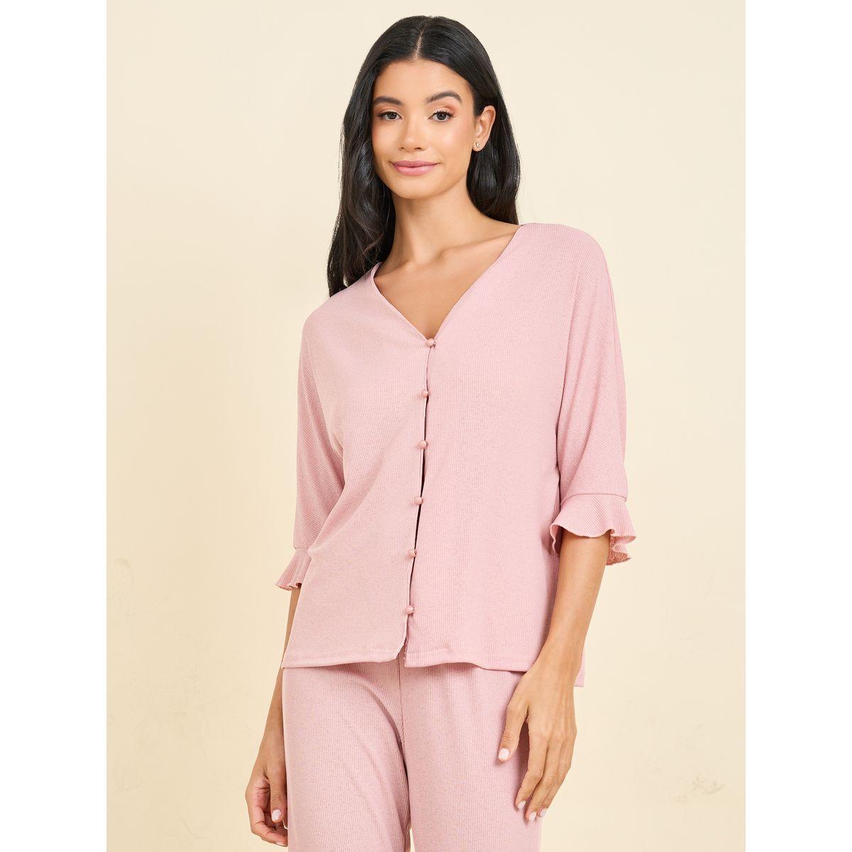 Styli Unwind Ribbed Ruffle Sleeve Shirt & Pyjama Set-women-clothing-nightwear-pyjamas-longsets-image-3