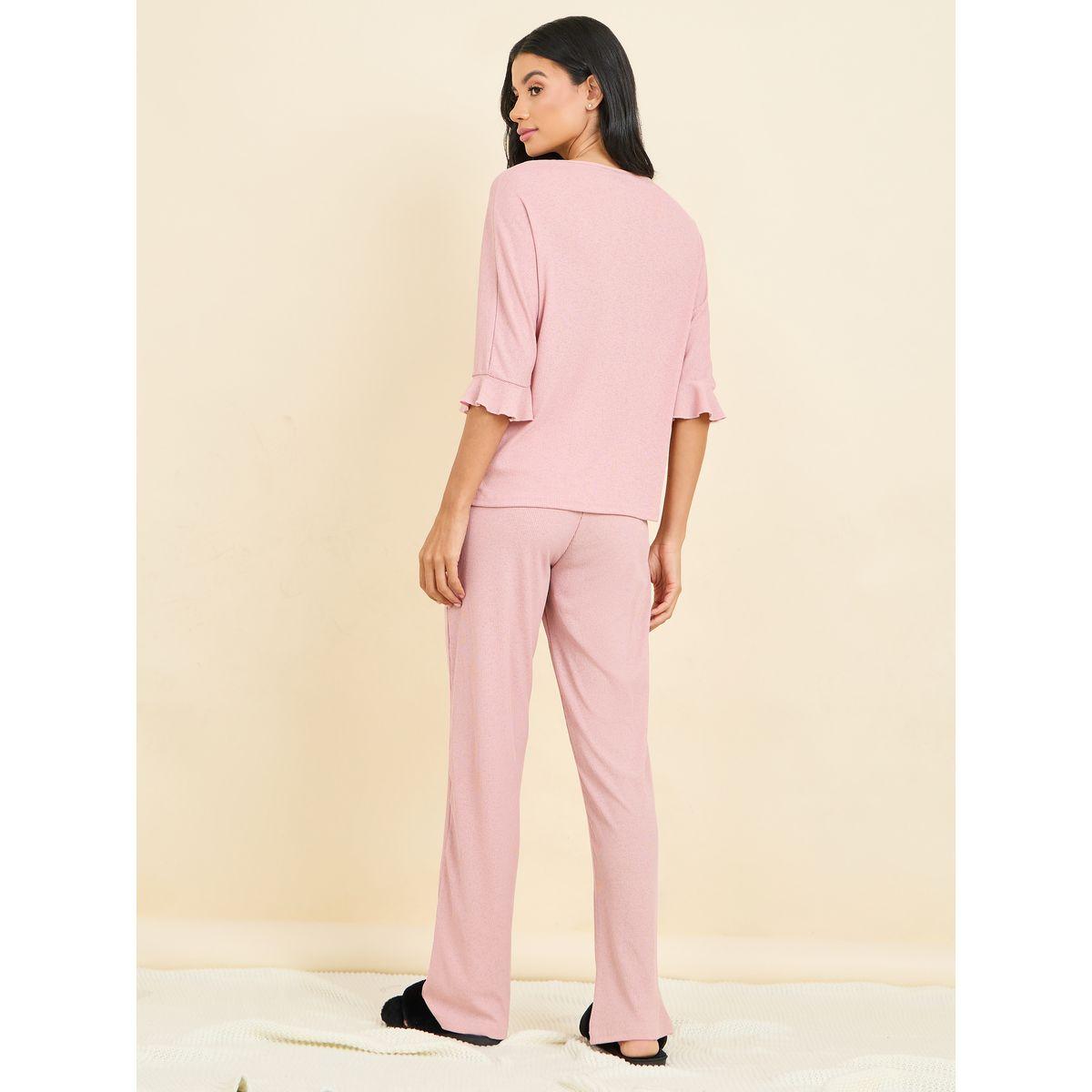 Styli Unwind Ribbed Ruffle Sleeve Shirt & Pyjama Set-women-clothing-nightwear-pyjamas-longsets-image-6