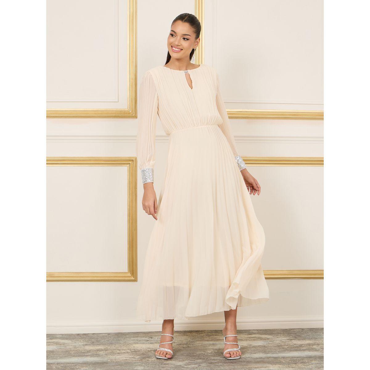 Styli Sequin Cuffed Sleeves Pleated A-Line Maxi Dress-women-clothing-dresses-image-1