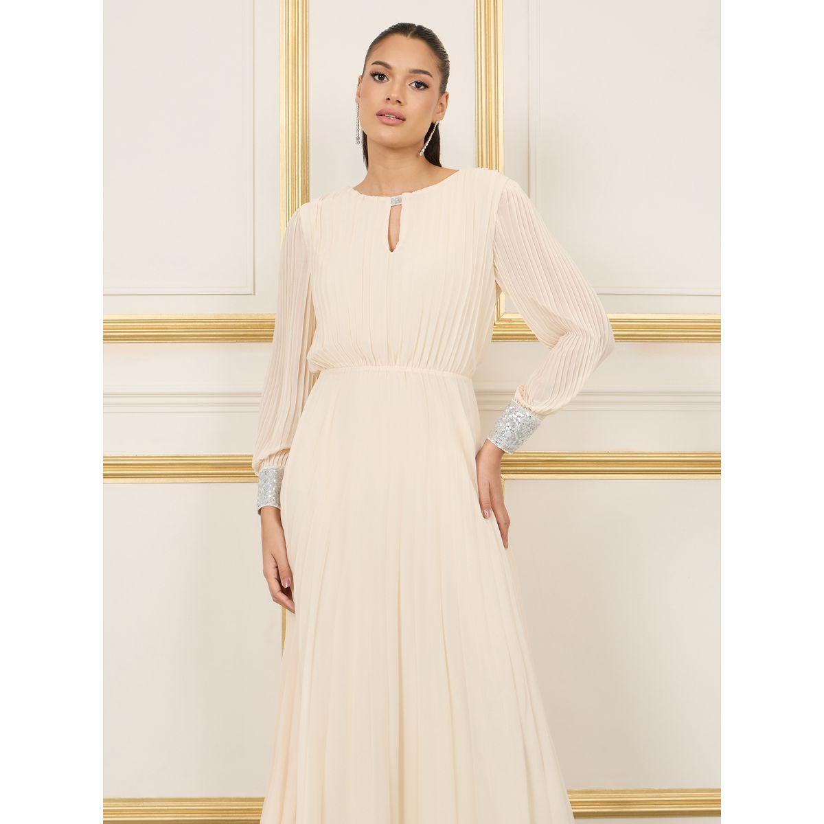 Styli Sequin Cuffed Sleeves Pleated A-Line Maxi Dress-women-clothing-dresses-image-2