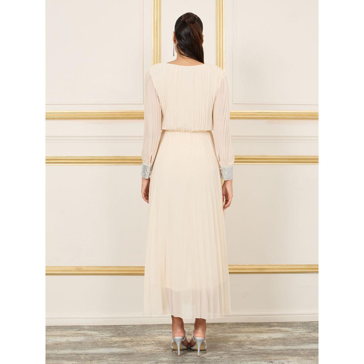 Styli Sequin Cuffed Sleeves Pleated A-Line Maxi Dress-women-clothing-dresses-image-4