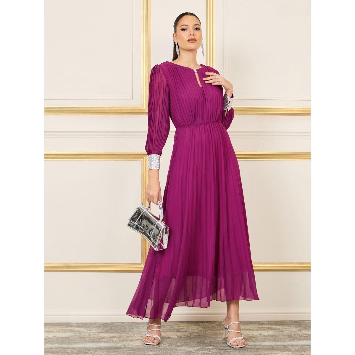 فستان طويل بكسرات واكمام بأساور-women-clothing-dresses-image-1