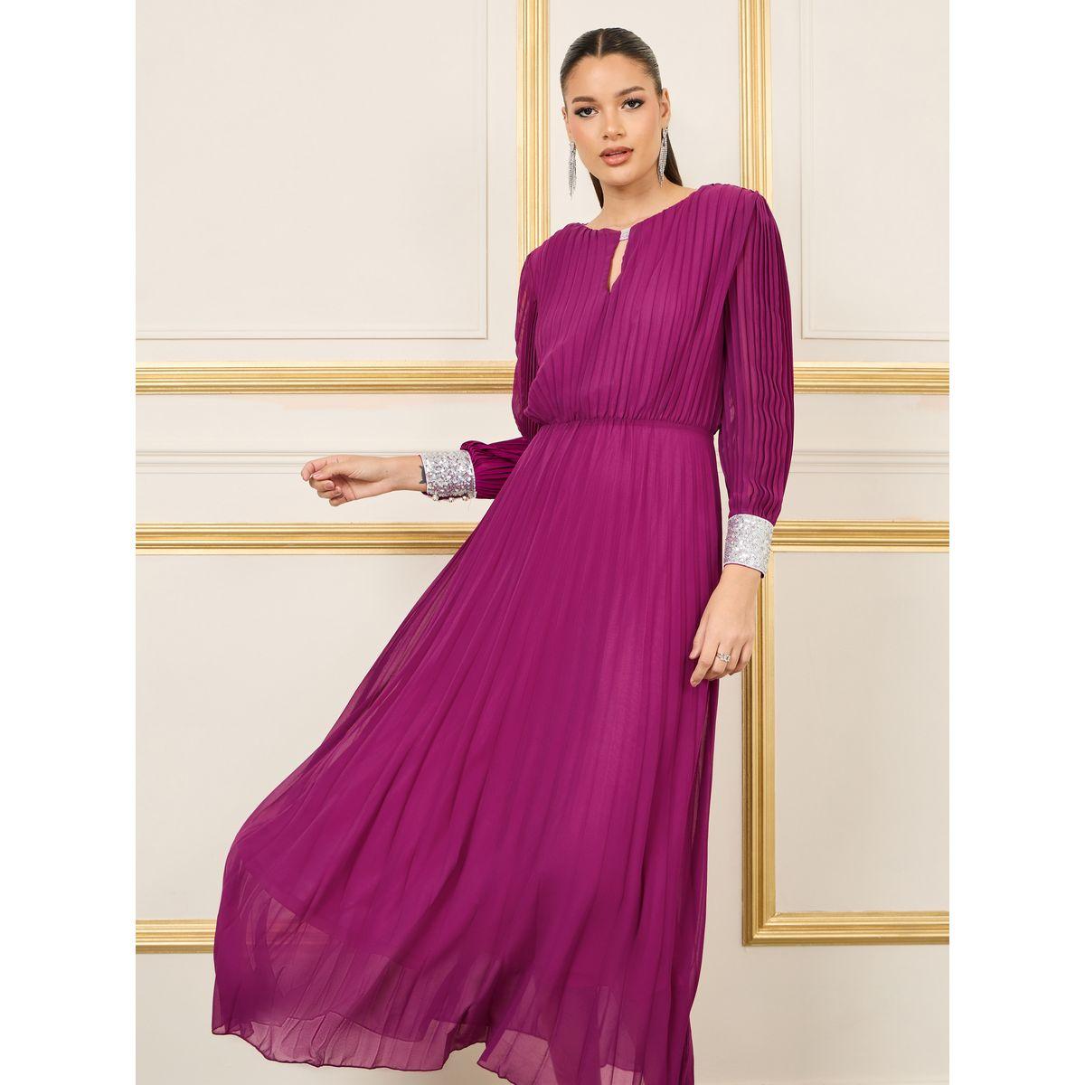 Styli Pleated Sequin Cuffed Sleeves A-Line Maxi Dress-women-clothing-dresses-image-2