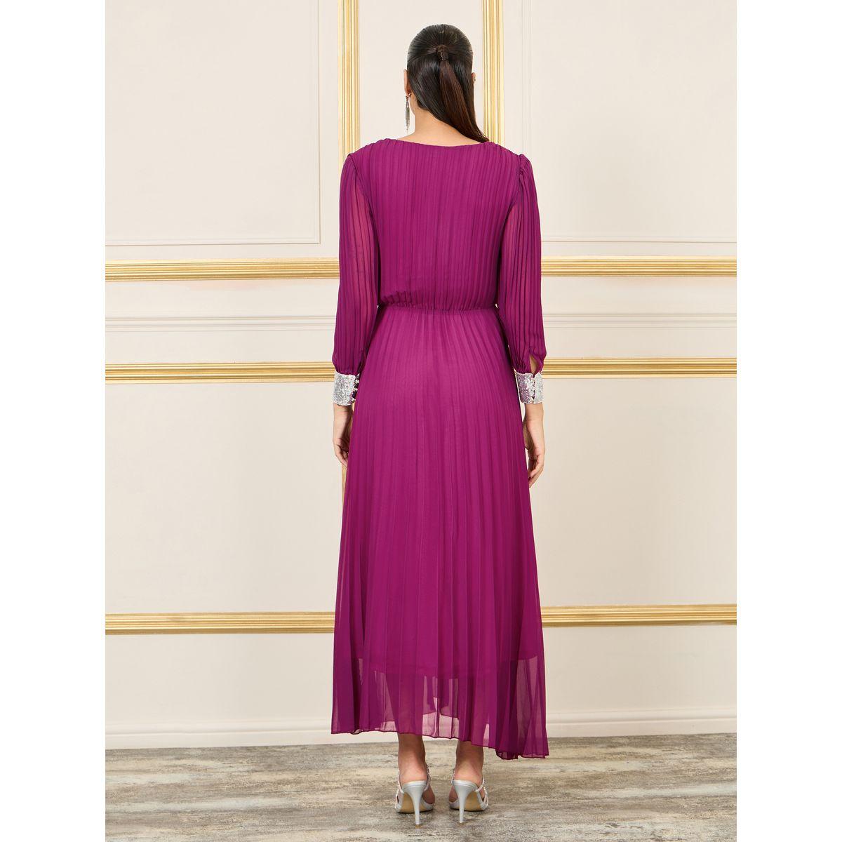 Styli Pleated Sequin Cuffed Sleeves A-Line Maxi Dress-women-clothing-dresses-image-4