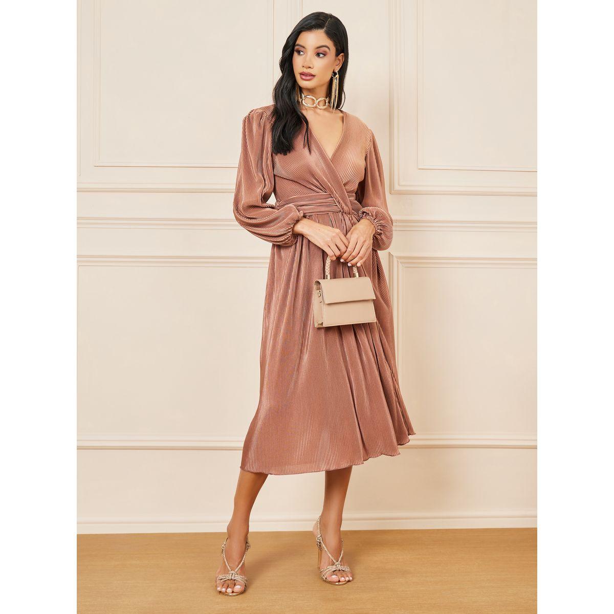 Styli Plisse Gathered Detail A-Line Midi Dress-women-clothing-dresses-image-1