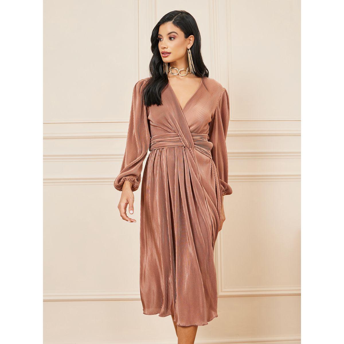 Styli Plisse Gathered Detail A-Line Midi Dress-women-clothing-dresses-image-2