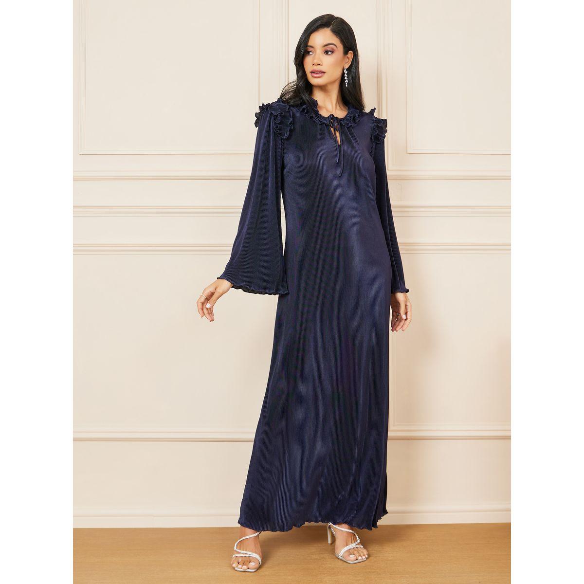فستان طويل مع ياقة بأربطة وكشكش-women-clothing-dresses-image-1