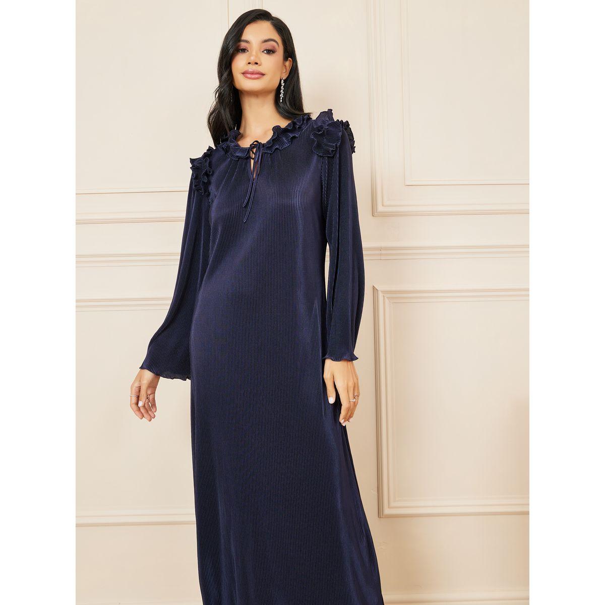 فستان طويل مع ياقة بأربطة وكشكش-women-clothing-dresses-image-2