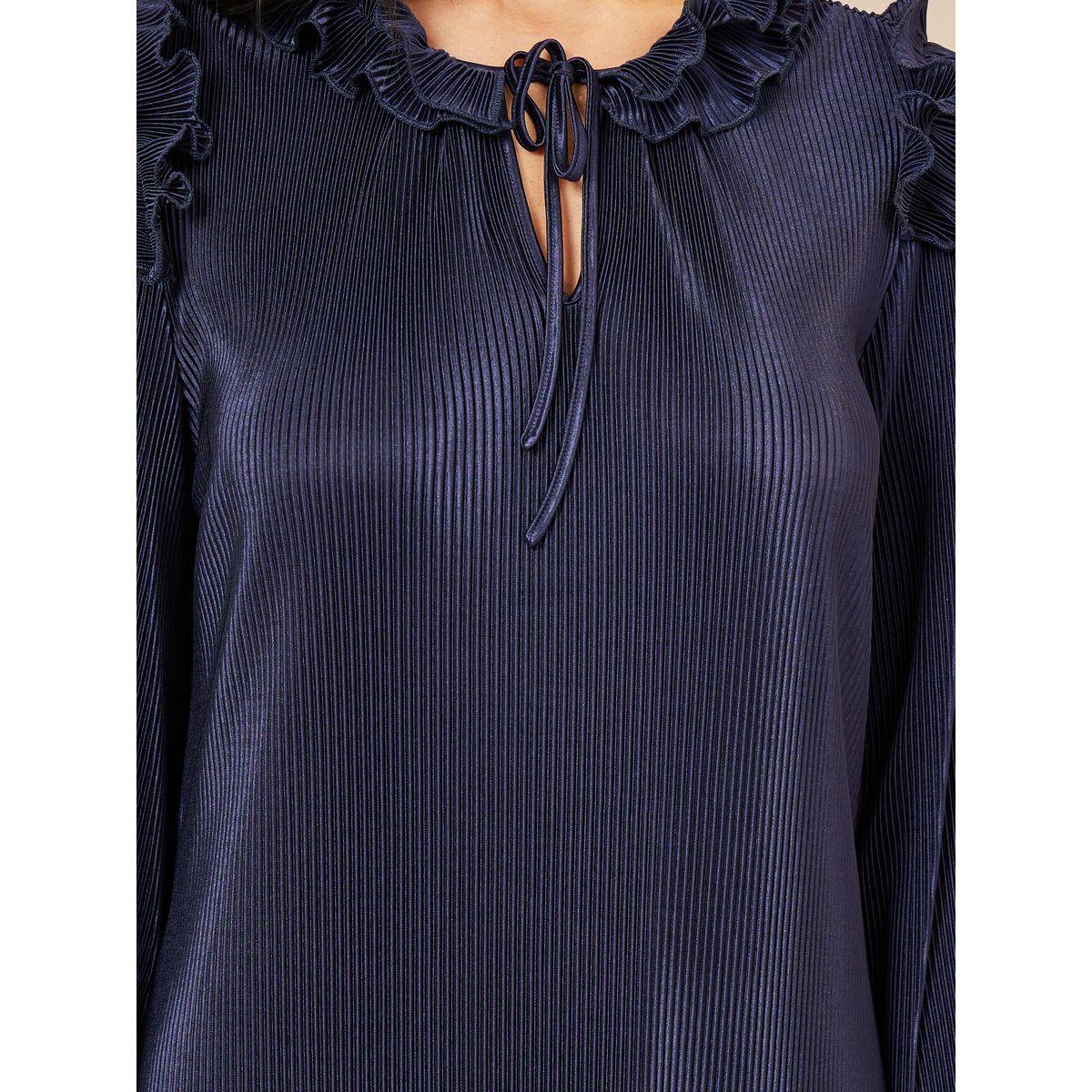 Styli Plisse Ruffle Detail Tie Up Neck Maxi Dress-women-clothing-dresses-image-3
