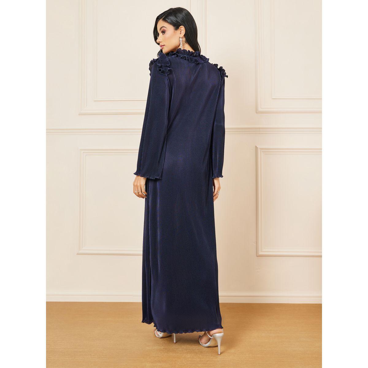 Styli Plisse Ruffle Detail Tie Up Neck Maxi Dress-women-clothing-dresses-image-4