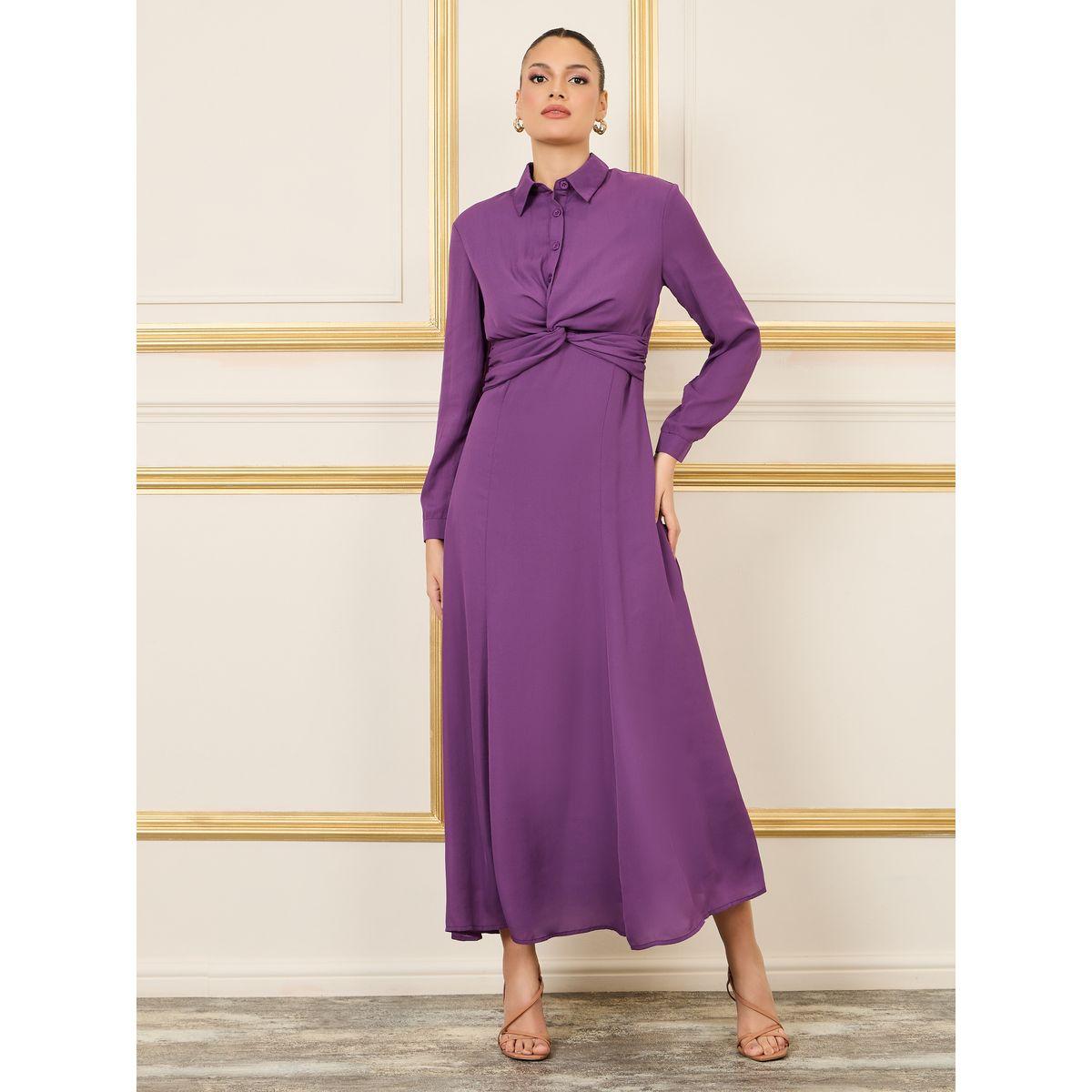 فستان طويل بتفاصيل ملفوفة وأزرار-women-clothing-dresses-image-1