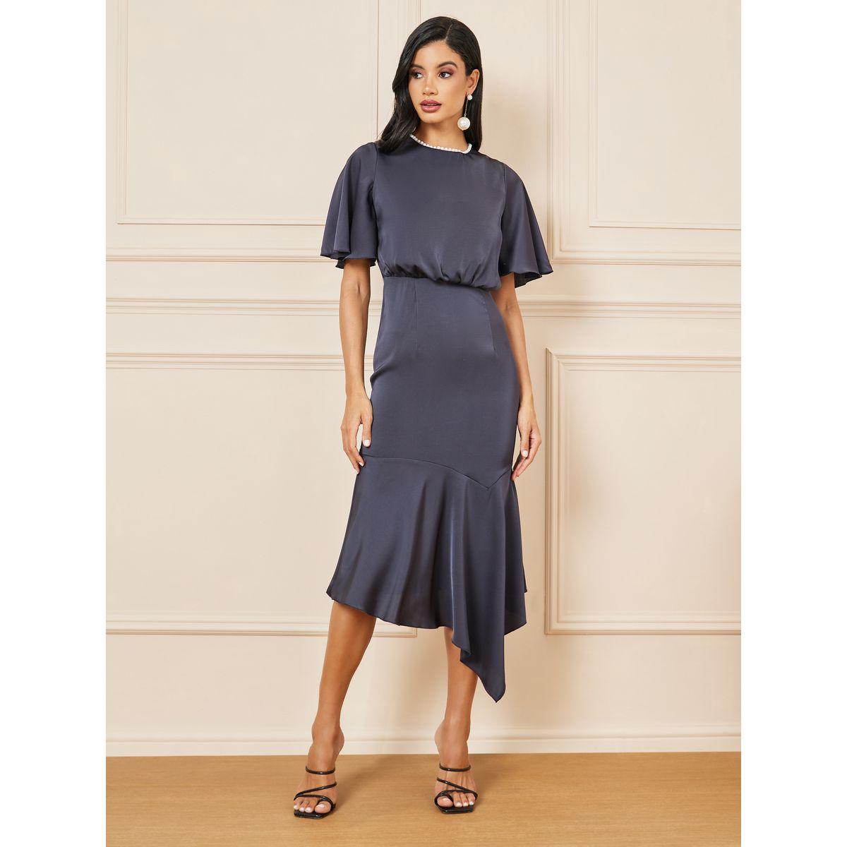 فستان ساتان بحافة غير متماثلة الطول وكشكش-women-clothing-dresses-image-1