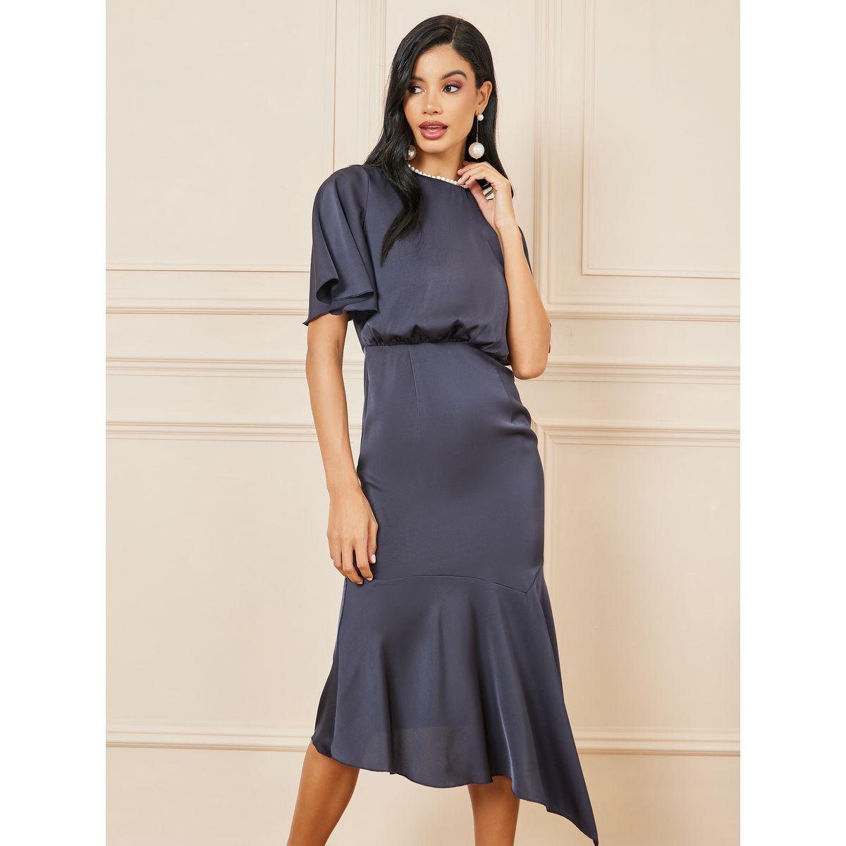 فستان ساتان بحافة غير متماثلة الطول وكشكش-women-clothing-dresses-image-2