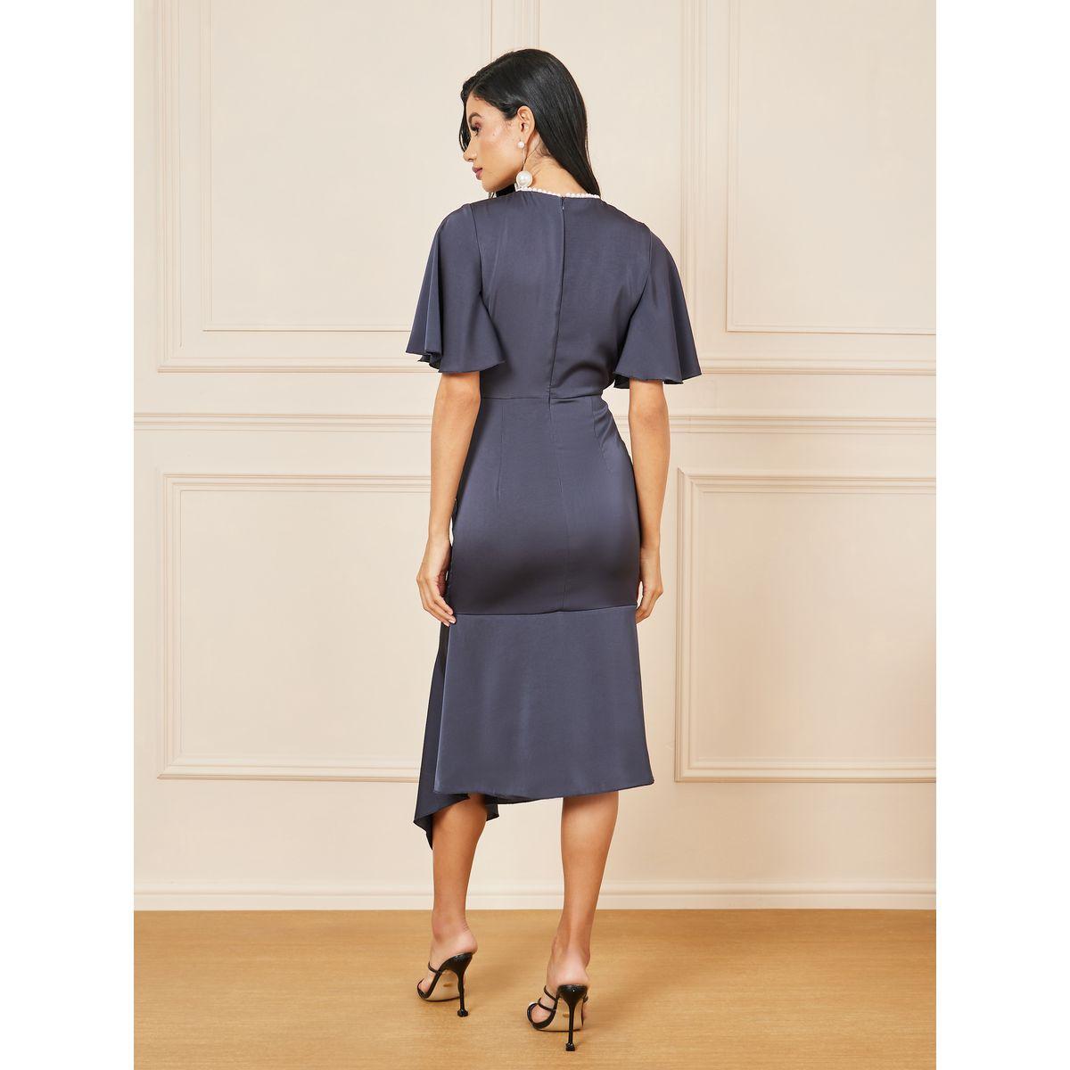 Styli Satin High Neck Ruffle Asymmetric Hem Shift Dress-women-clothing-dresses-image-4