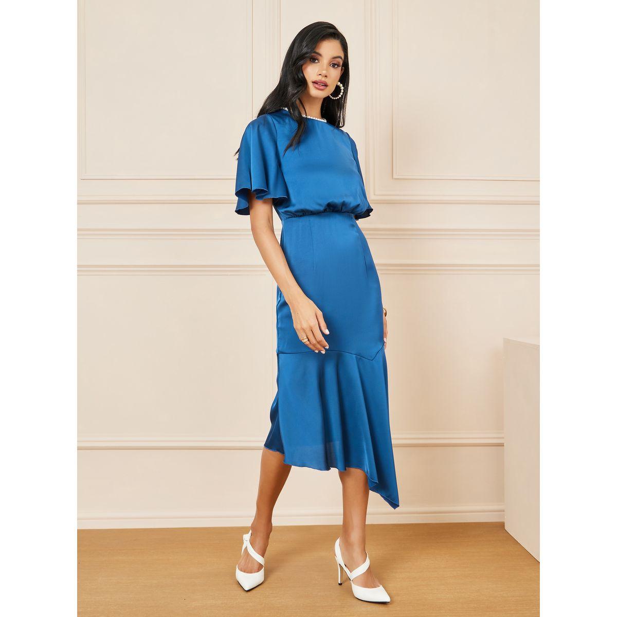 Styli Satin High Neck Ruffle Asymmetric Hem Shift Dress-women-clothing-dresses-image-1