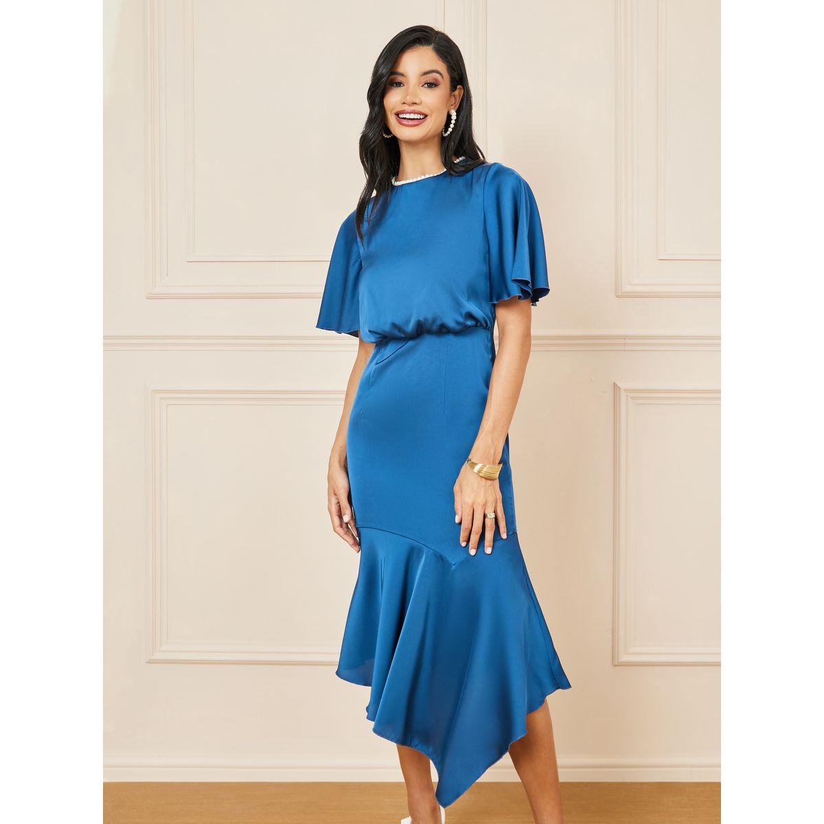 فستان ساتان بحافة غير متماثلة الطول وكشكش-women-clothing-dresses-image-2