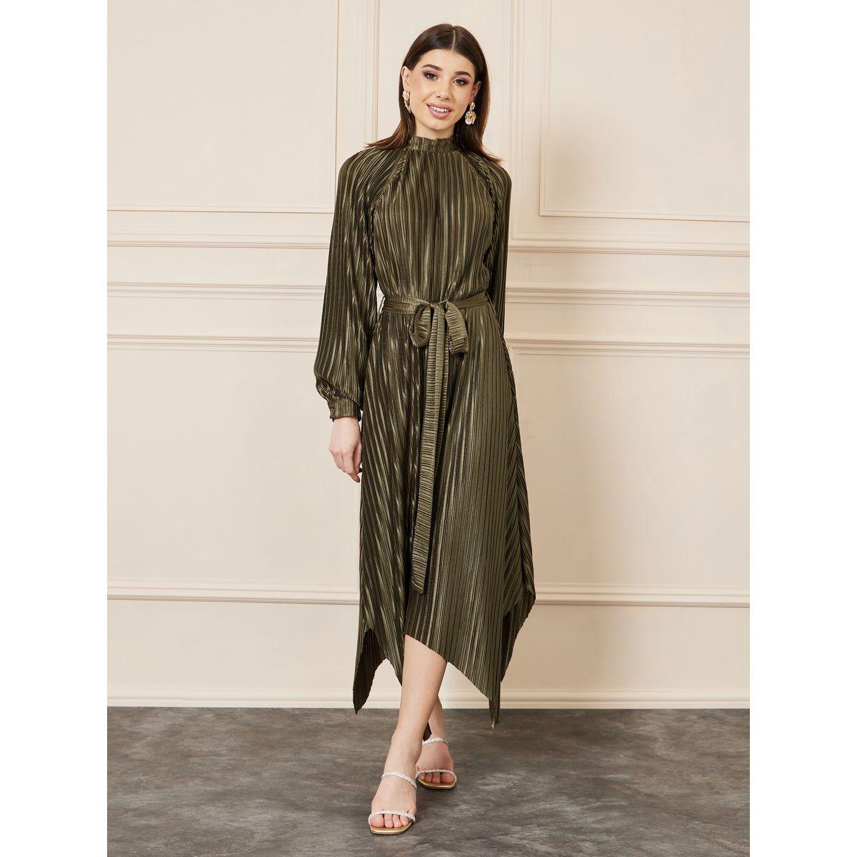 Styli Plisse High Neck Handkerchief Hem A-Line Midi Dress with Self Tie Up-women-clothing-dresses-image-1