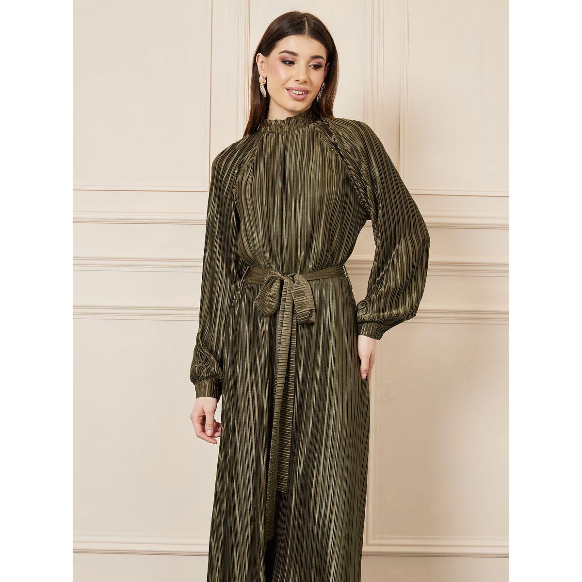 فستان ميدي بليسيه مع ياقة عالية وأربطة-women-clothing-dresses-image-2
