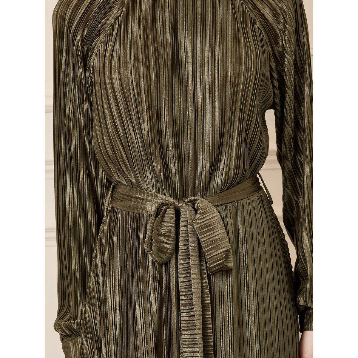 Styli Plisse High Neck Handkerchief Hem A-Line Midi Dress with Self Tie Up-women-clothing-dresses-image-3