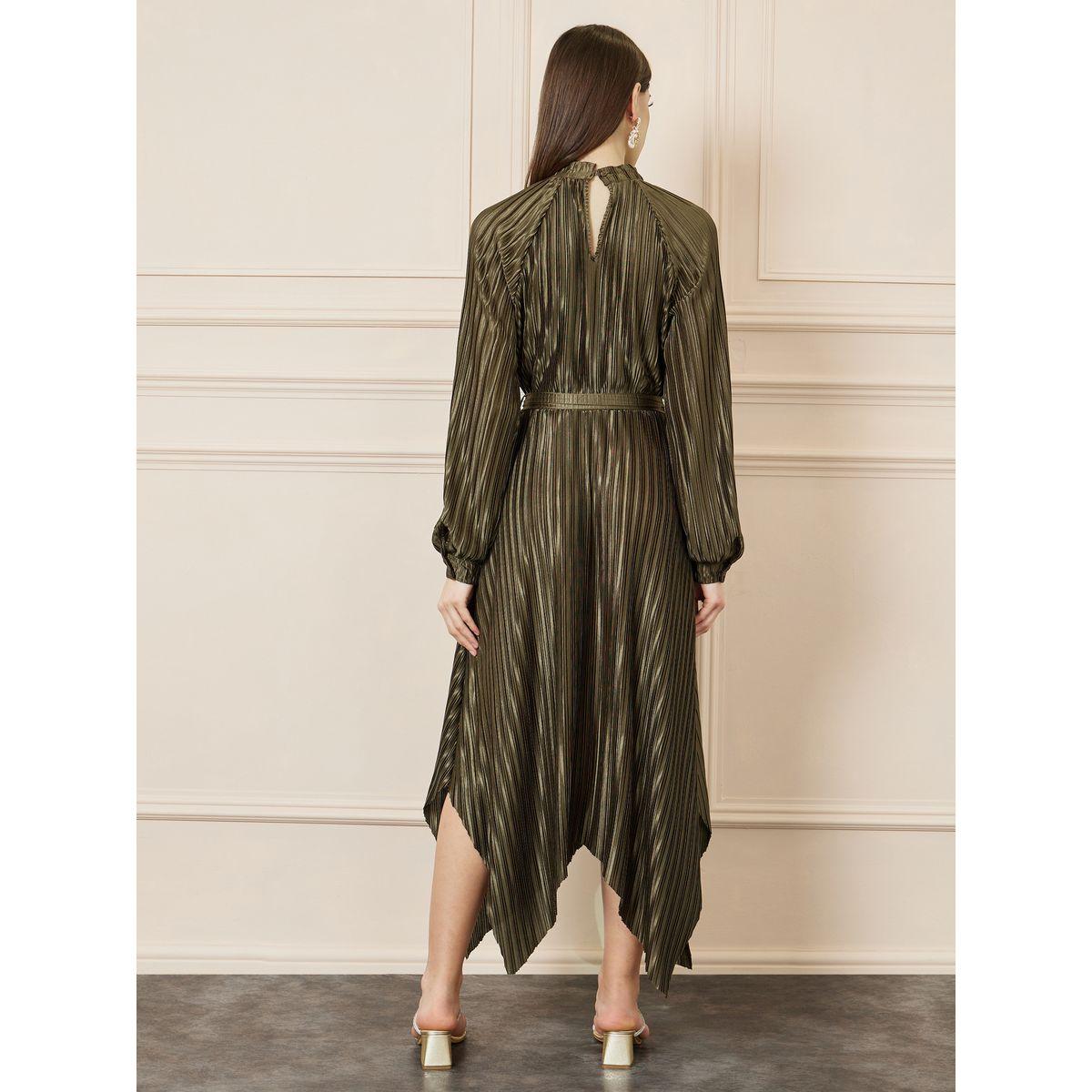 Styli Plisse High Neck Handkerchief Hem A-Line Midi Dress with Self Tie Up-women-clothing-dresses-image-4