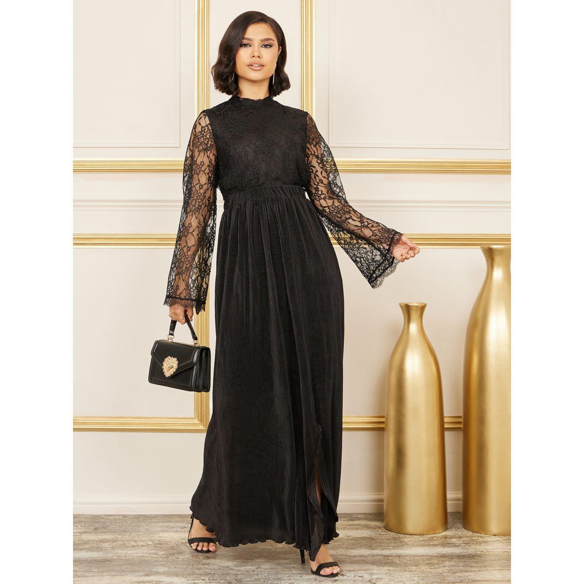 فستان Styli Lace Detail برقبة عالية ب Plisse Maxi-women-clothing-dresses-image-1