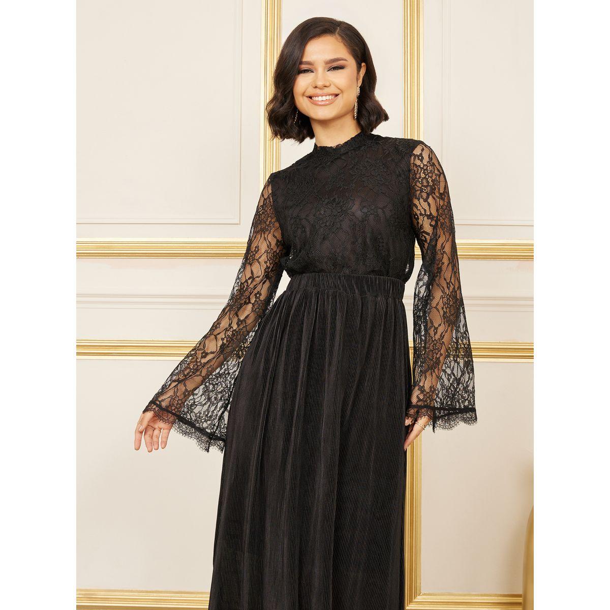 فستان Styli Lace Detail برقبة عالية ب Plisse Maxi-women-clothing-dresses-image-2