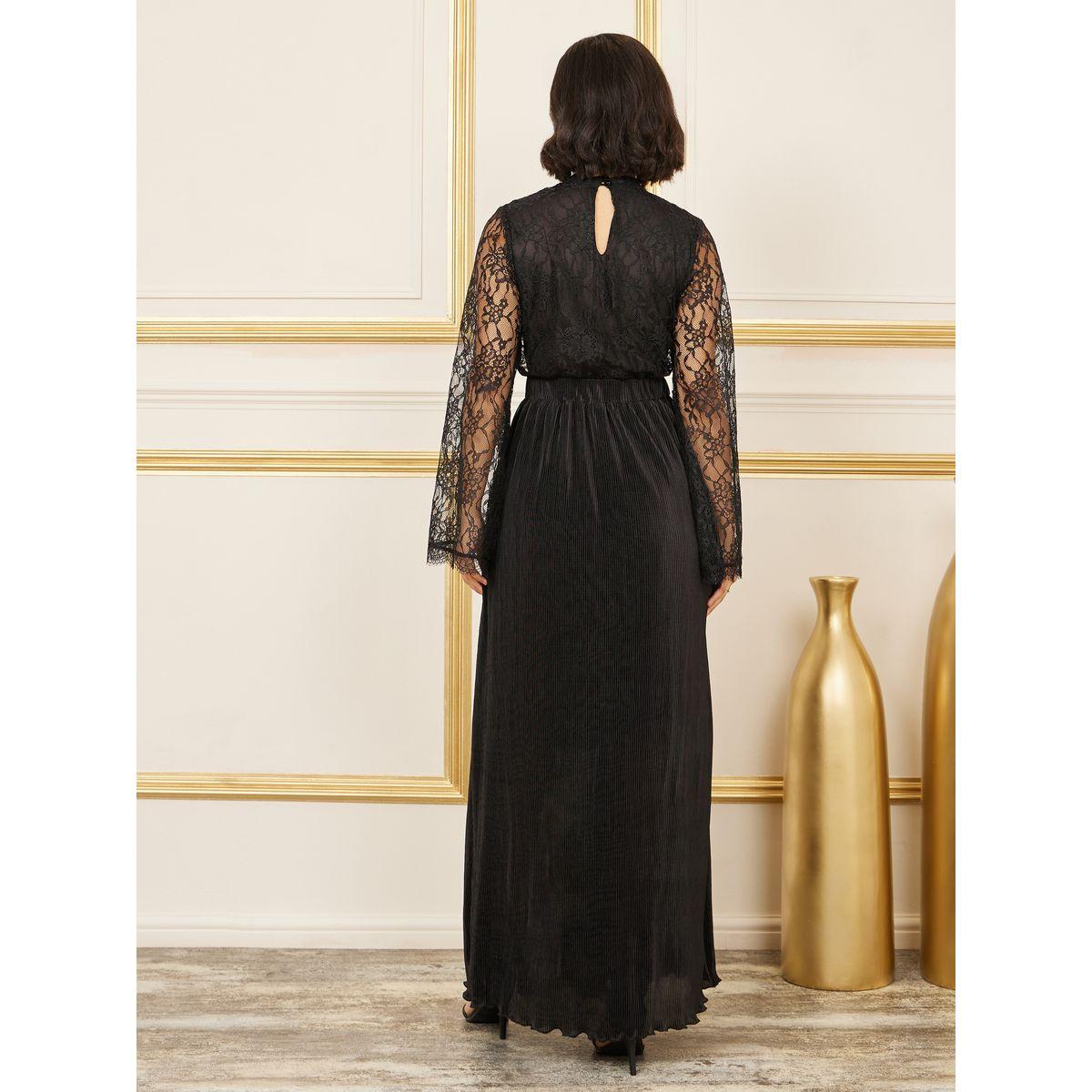 فستان Styli Lace Detail برقبة عالية ب Plisse Maxi-women-clothing-dresses-image-4