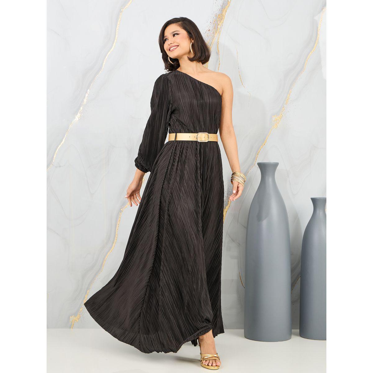 فستان طويل بليسيه بكتف واحد وحزام خصر-women-clothing-dresses-image-1