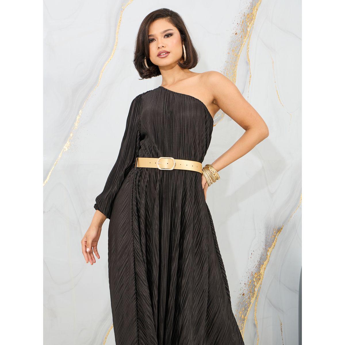 فستان طويل بليسيه بكتف واحد وحزام خصر-women-clothing-dresses-image-2