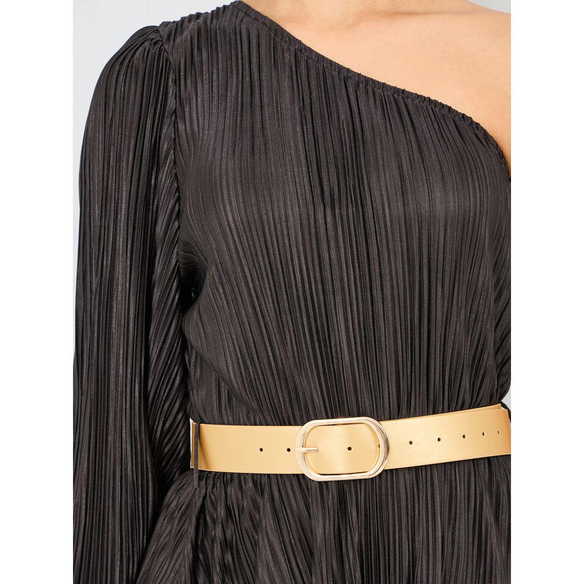 فستان طويل بليسيه بكتف واحد وحزام خصر-women-clothing-dresses-image-3