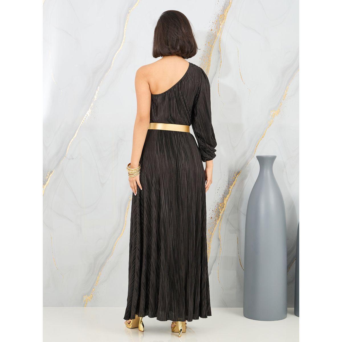 فستان طويل بليسيه بكتف واحد وحزام خصر-women-clothing-dresses-image-4