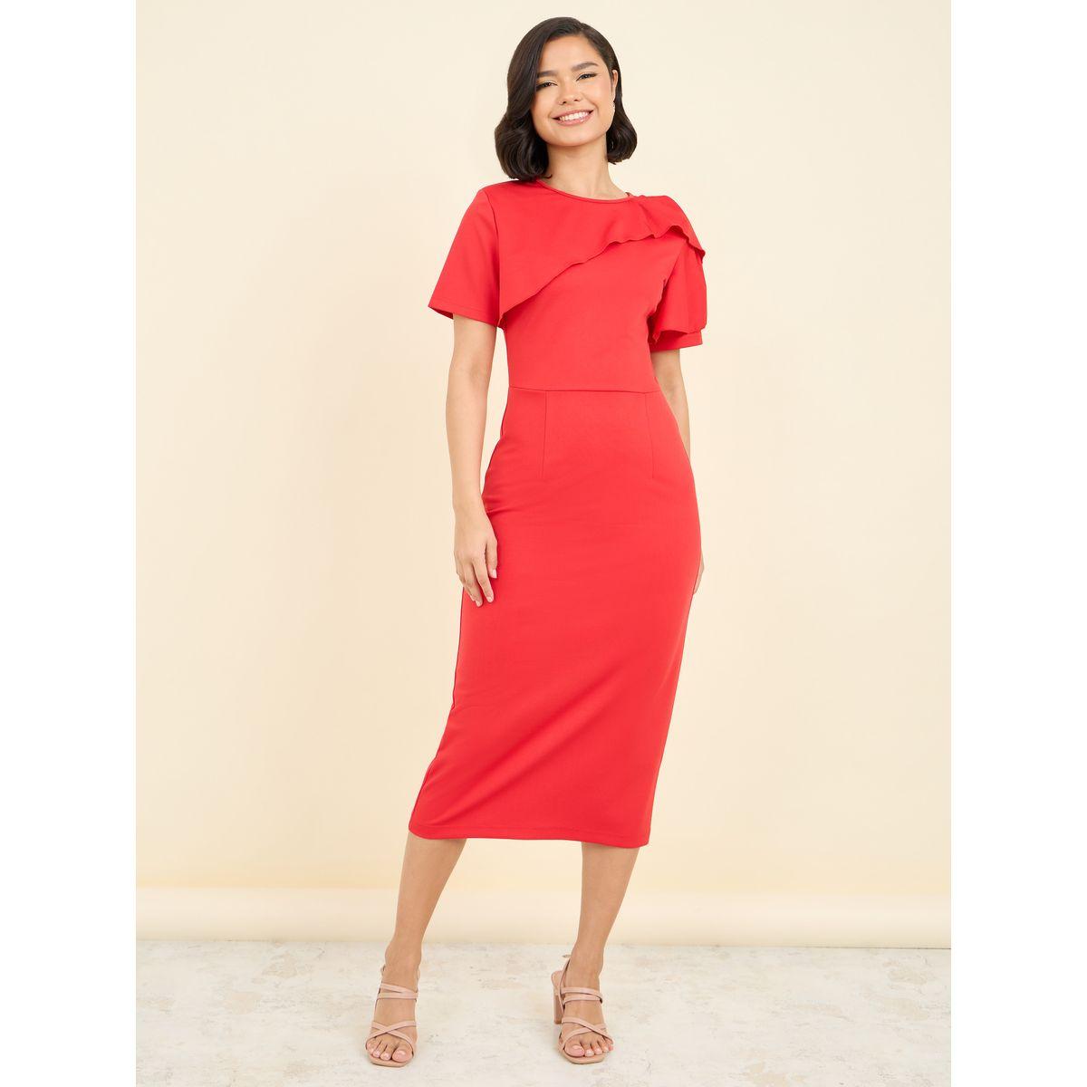 Styli Ruffle Detail Sheath Midi Dress-women-clothing-dresses-image-1