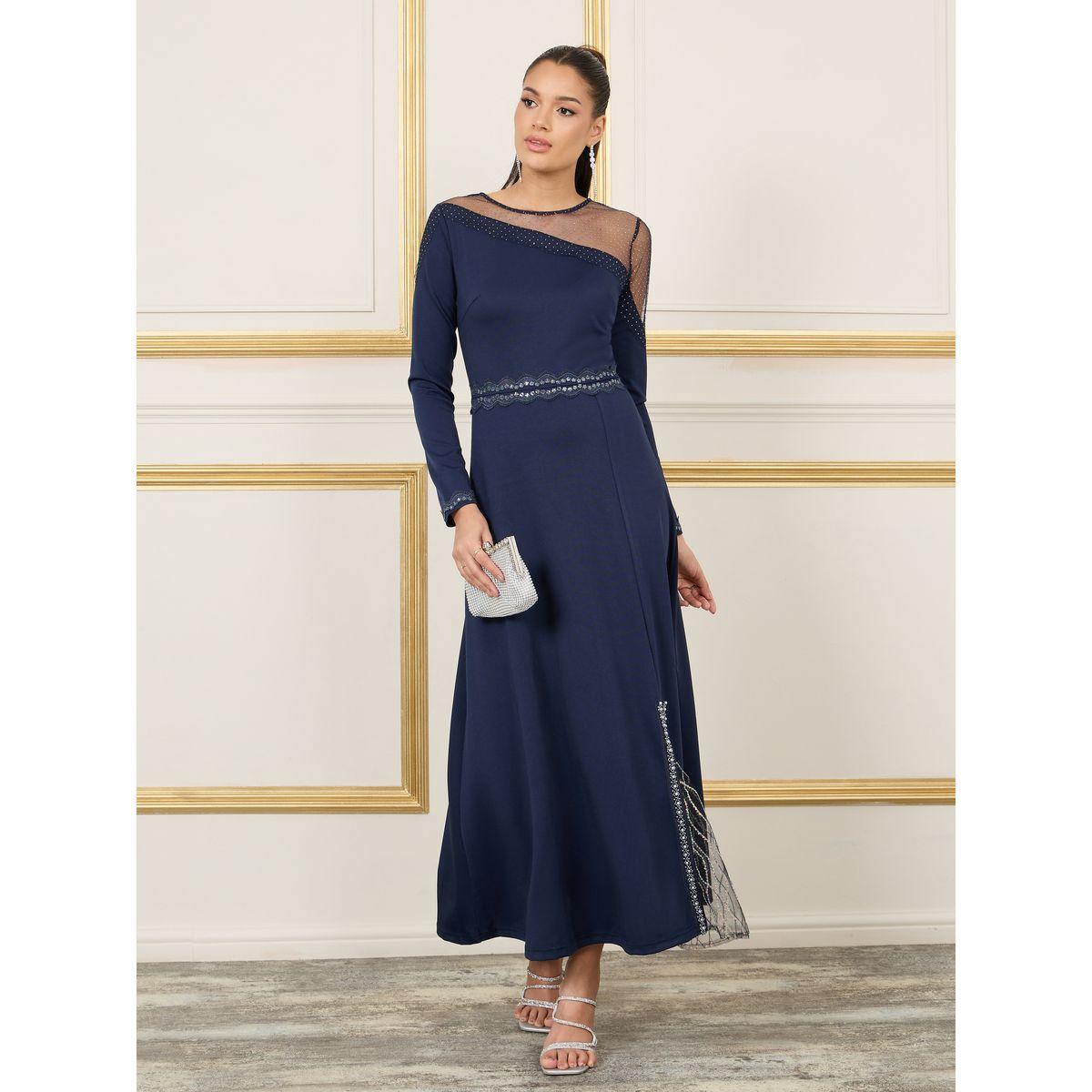فستان طويل بحافة واسعة وتداخلات شبكية-women-clothing-dresses-image-1