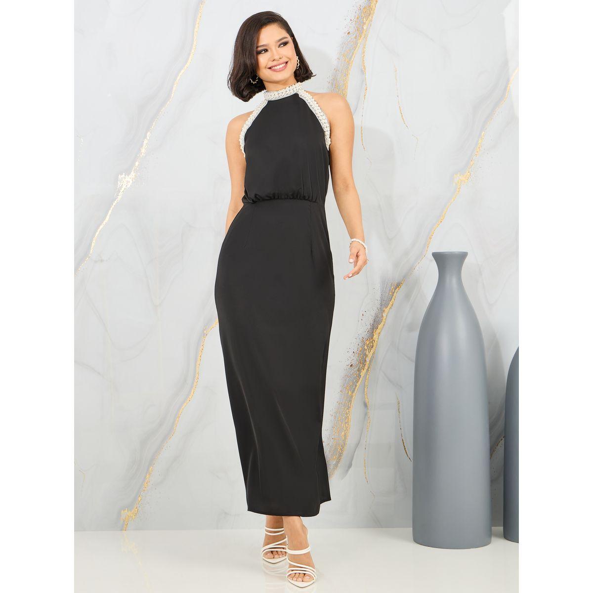 فستان طويل مزين بلؤلؤ مع ياقة هولتر-women-clothing-dresses-image-1