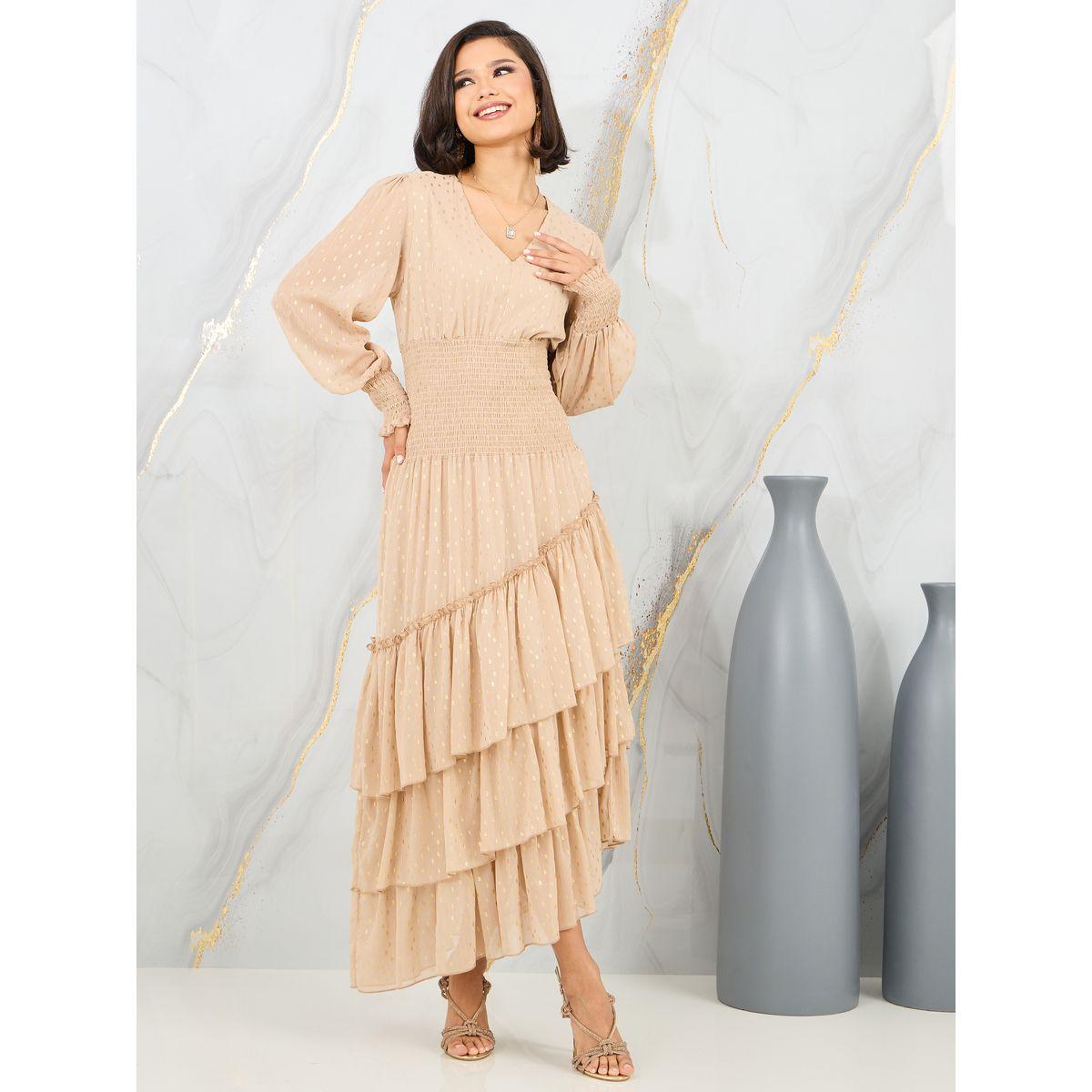فستان ميدي بتفاصيل كشكش وطبعة فويل-women-clothing-dresses-image-1