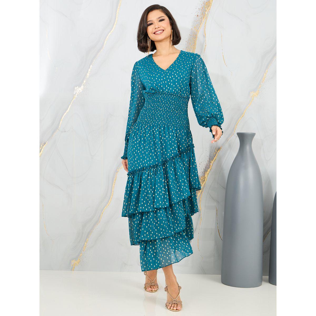 فستان ميدي بتفاصيل كشكش وطبعة فويل-women-clothing-dresses-image-1