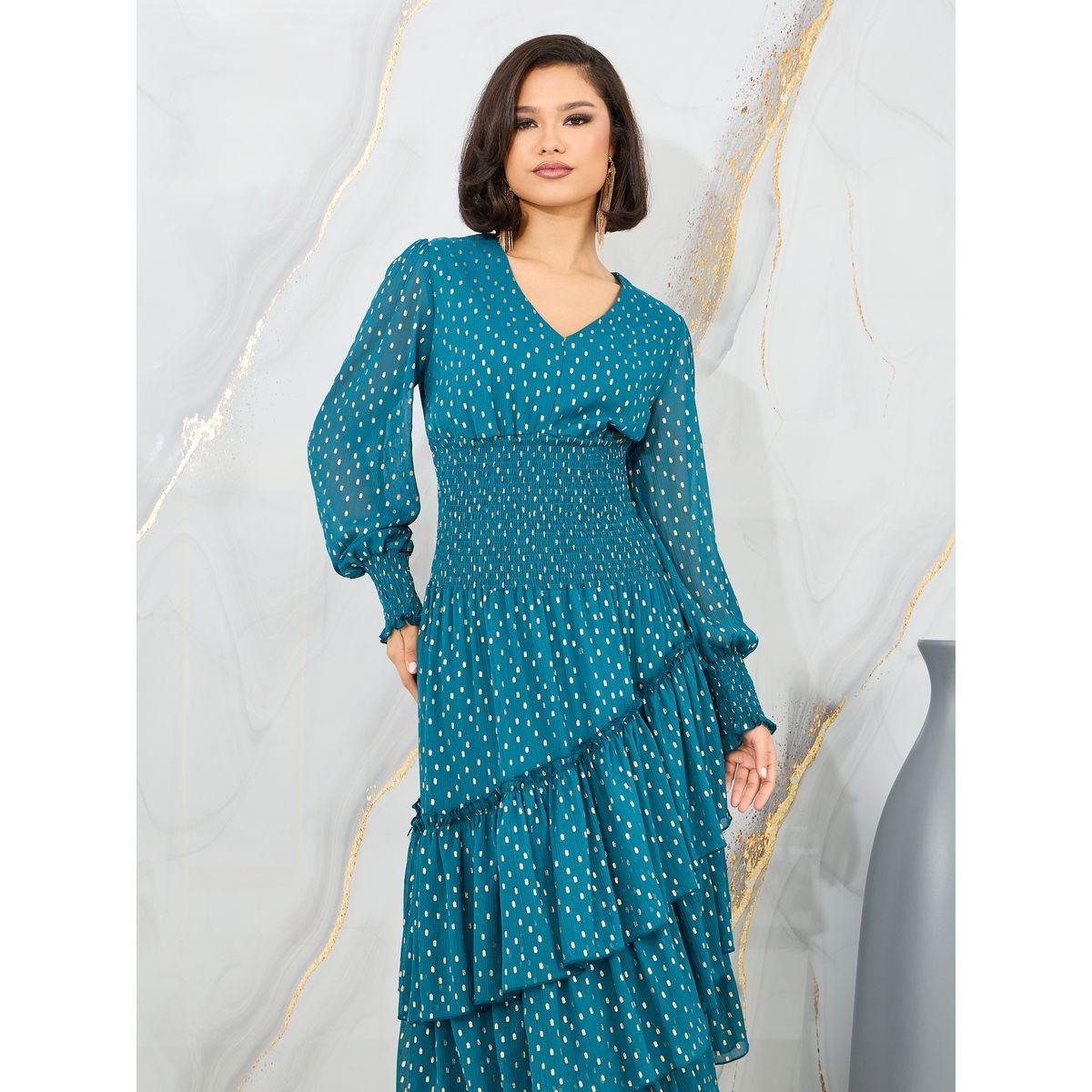 فستان ميدي بتفاصيل كشكش وطبعة فويل-women-clothing-dresses-image-2