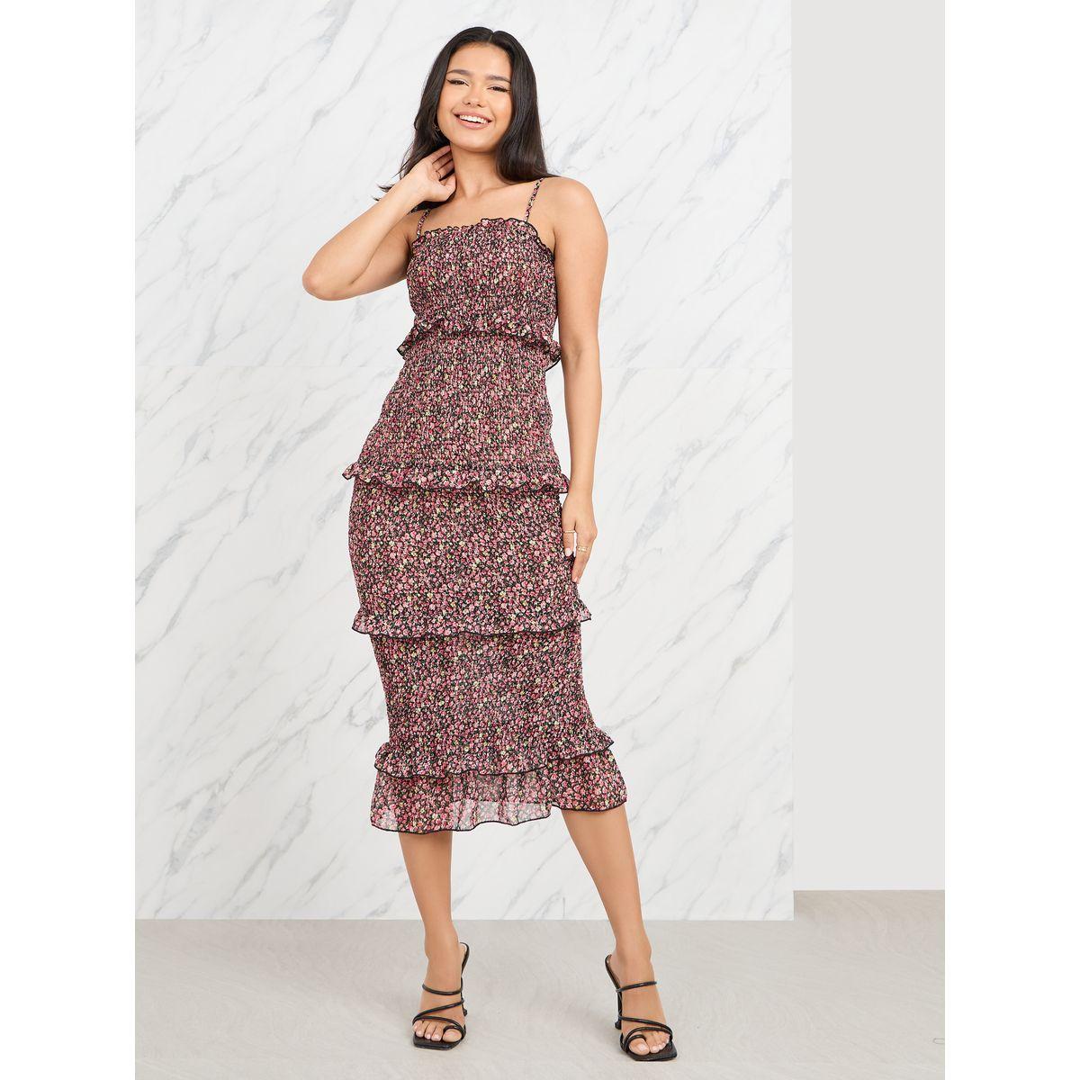 Styli Ditsy Floral Print Smocked Ruffle Detail Bodycon Midi Dress-women-clothing-dresses-image-1