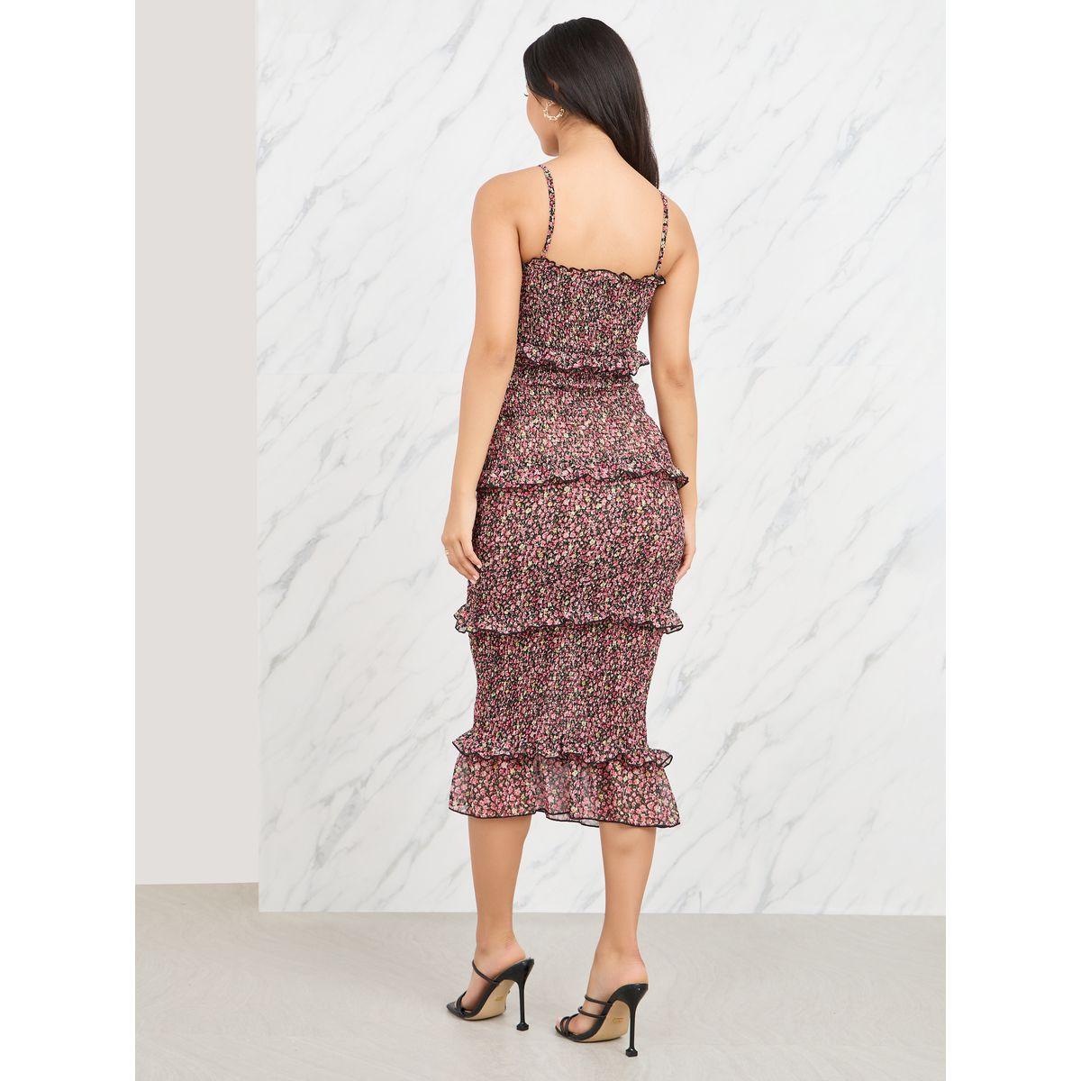 Styli Ditsy Floral Print Smocked Ruffle Detail Bodycon Midi Dress-women-clothing-dresses-image-4