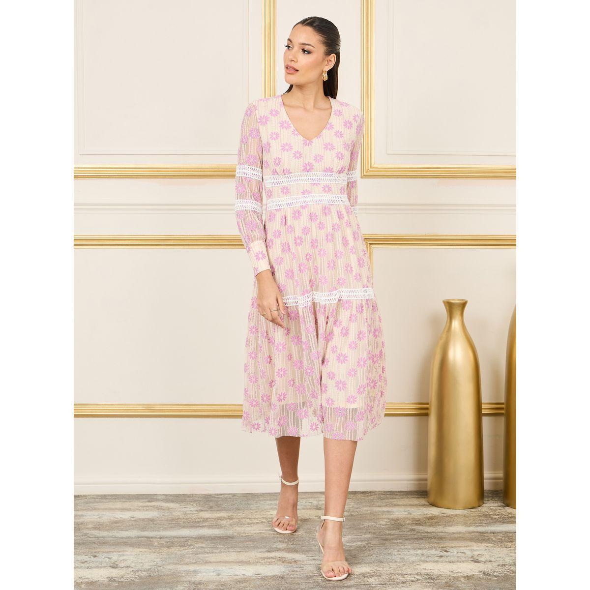 فستان ميدي بكسرات وتفاصيل شبكية ودانتيل-women-clothing-dresses-image-1