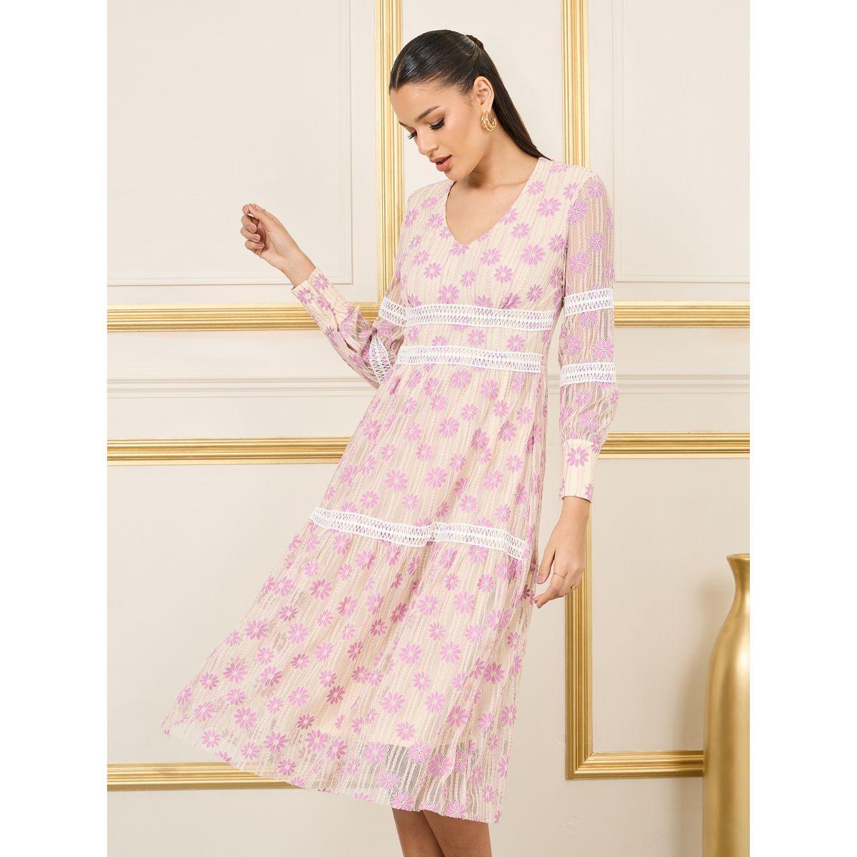 فستان ميدي بكسرات وتفاصيل شبكية ودانتيل-women-clothing-dresses-image-2