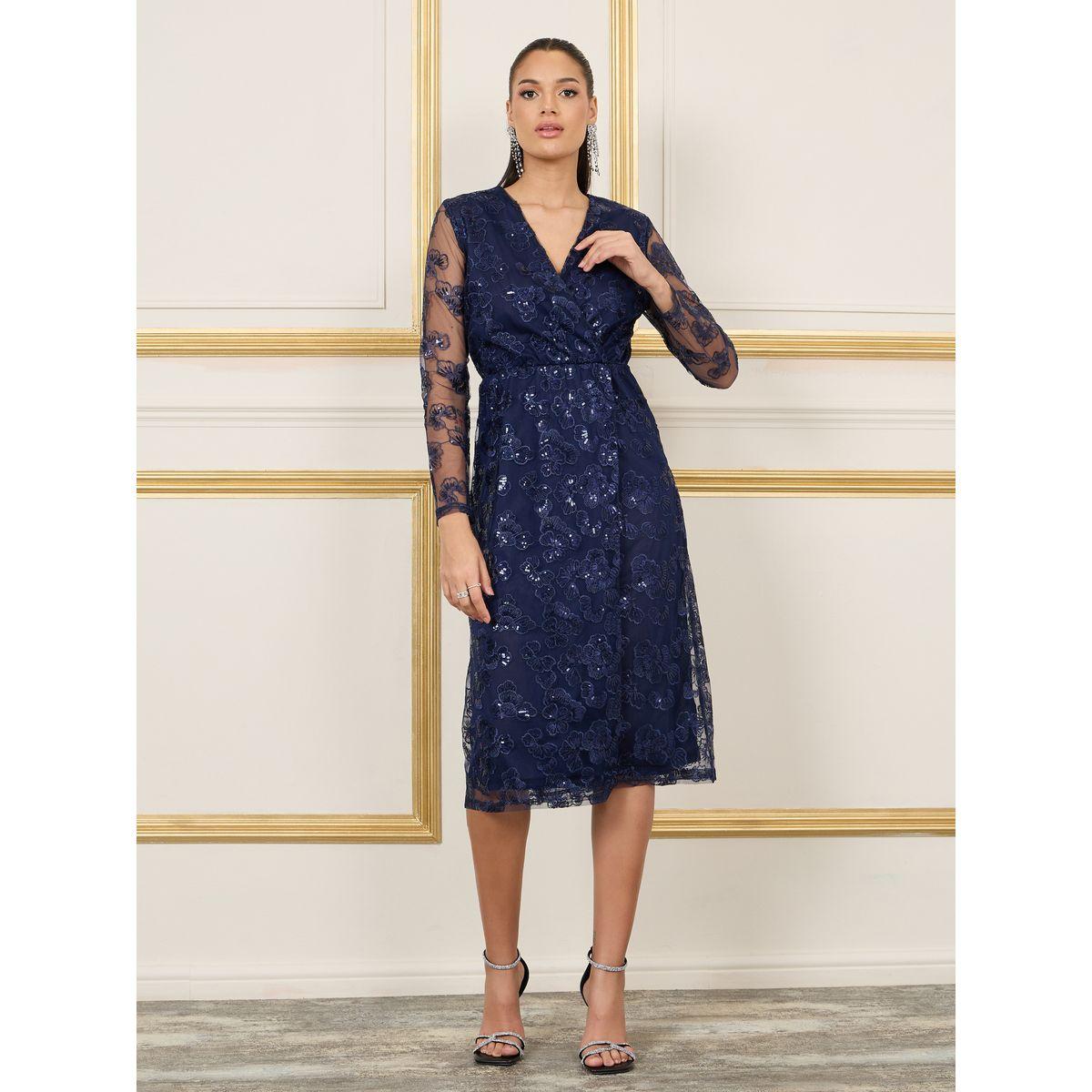 Styli Embroidered Sequin Detail Mesh Sleeves Midi Dress-women-clothing-dresses-image-1